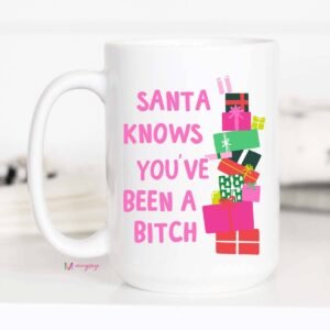 Santa Knows Funny Christmas Mug, Ceramic Mug, Christmas: All White, 15oz